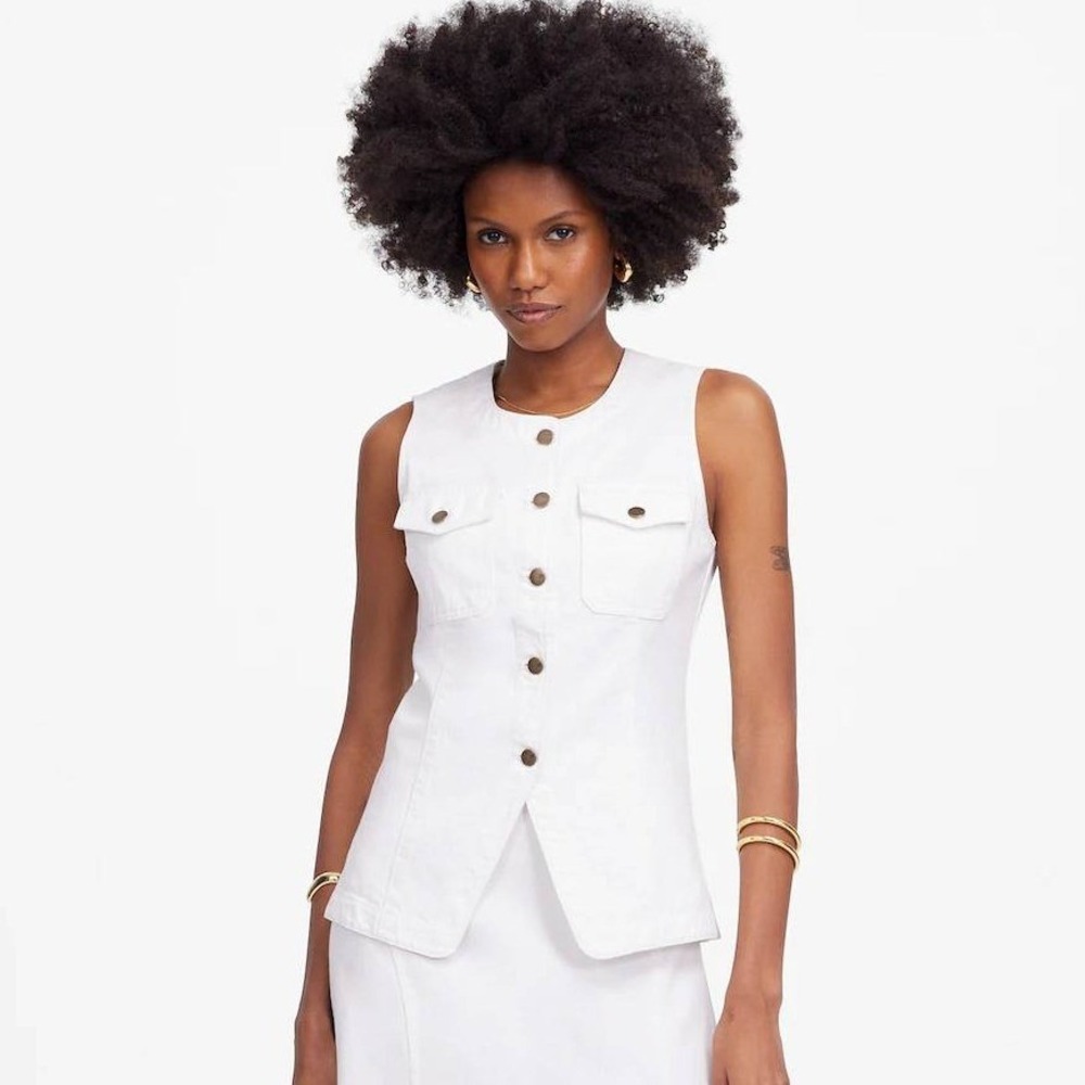 Madewell Denim High Crewneck Vest Top 00 White‎ Button Front Sleeveless NWT